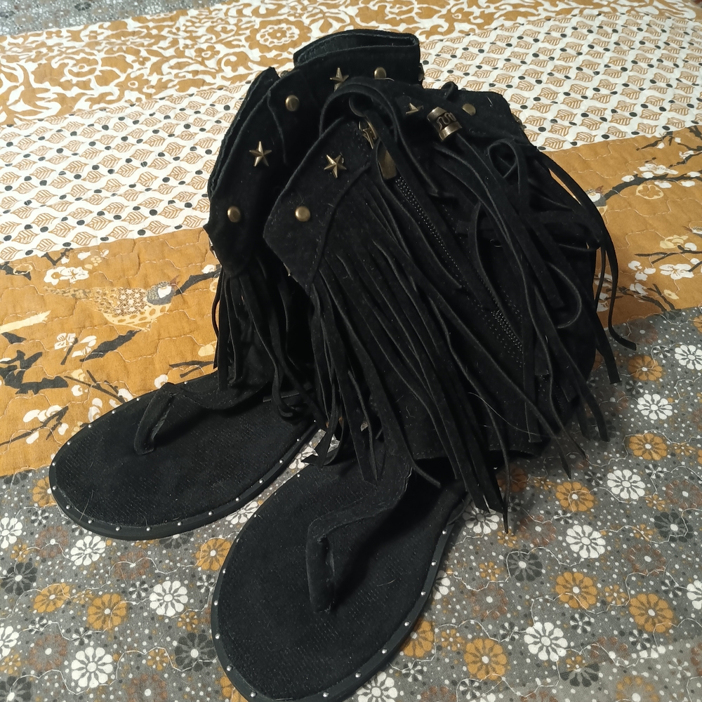 Black Fringe Sandals with Star Accents